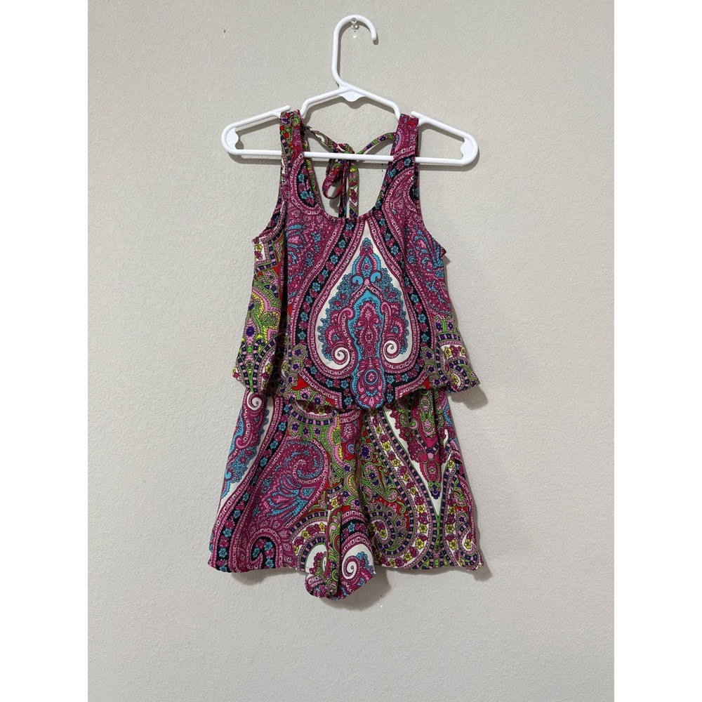 Truly Me Multicolored Bright Pink/Green Paisley Romper Girls Size 4 Preppy